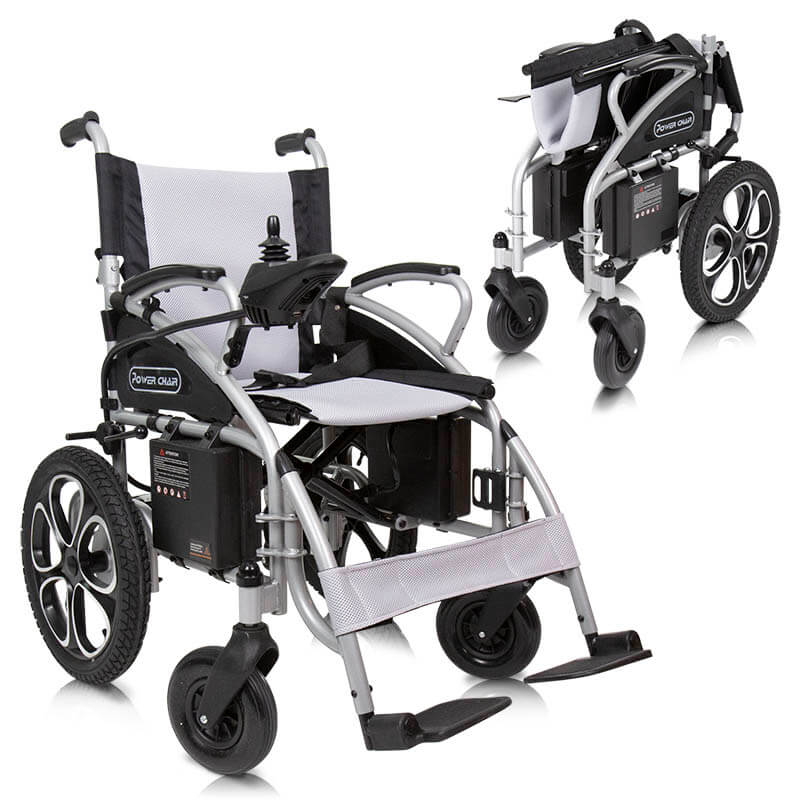 silla de ruedas eléctrica plegable con joystick y batería de largo alcance