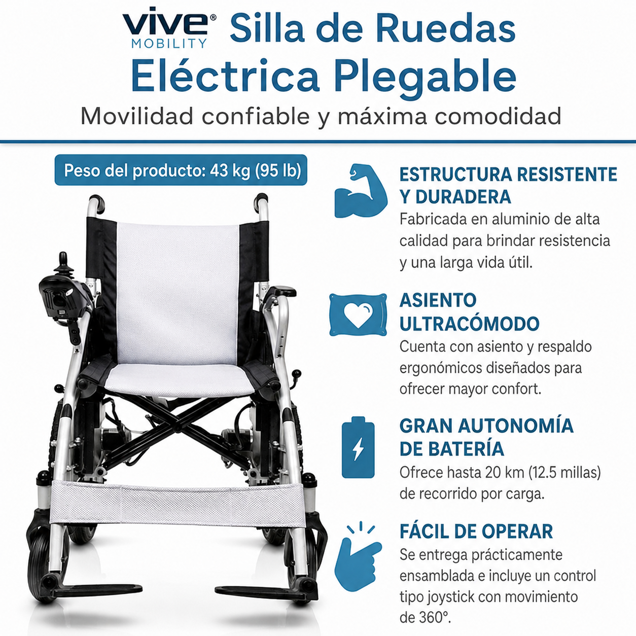 silla de ruedas eléctrica plegable con joystick y batería de largo alcance